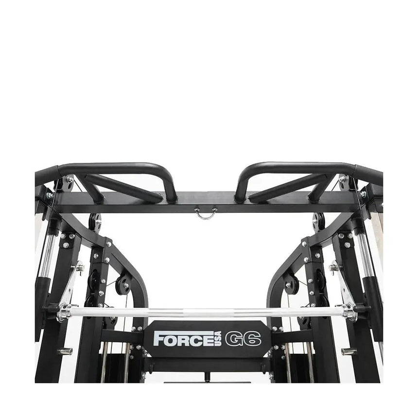 Force USA G6 All-In-One Trainer featuring power rack, Smith machine, and dual weight stacks.