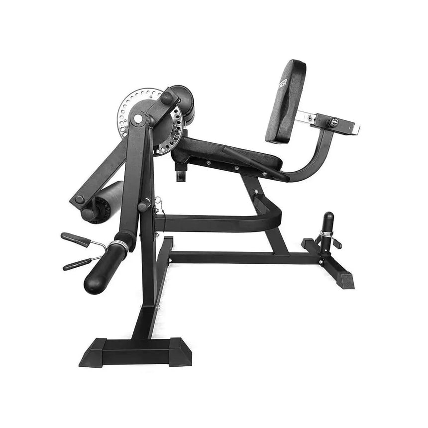 Force USA quadriceps and leg curl machine with adjustable padding and a sturdy steel frame for versatile leg training.