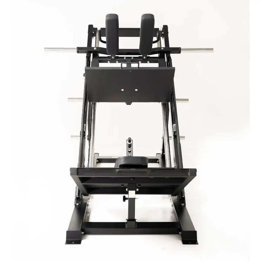 Force USA Ultimate Leg Press Hack Squat Pro showcasing leg press, hack squat, reverse hack squat, and calf raise functionalities.