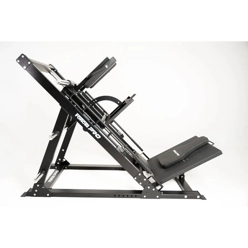 Force USA Ultimate Leg Press Hack Squat Pro showcasing leg press, hack squat, reverse hack squat, and calf raise functionalities.