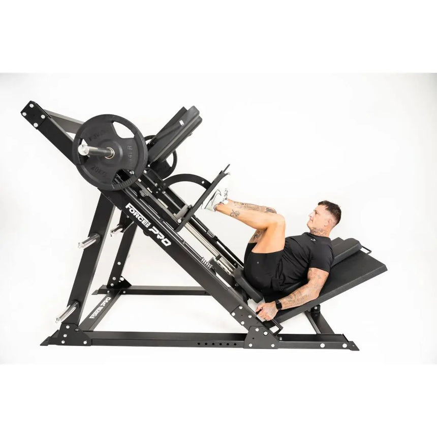 Force USA Ultimate Leg Press Hack Squat Pro showcasing leg press, hack squat, reverse hack squat, and calf raise functionalities.