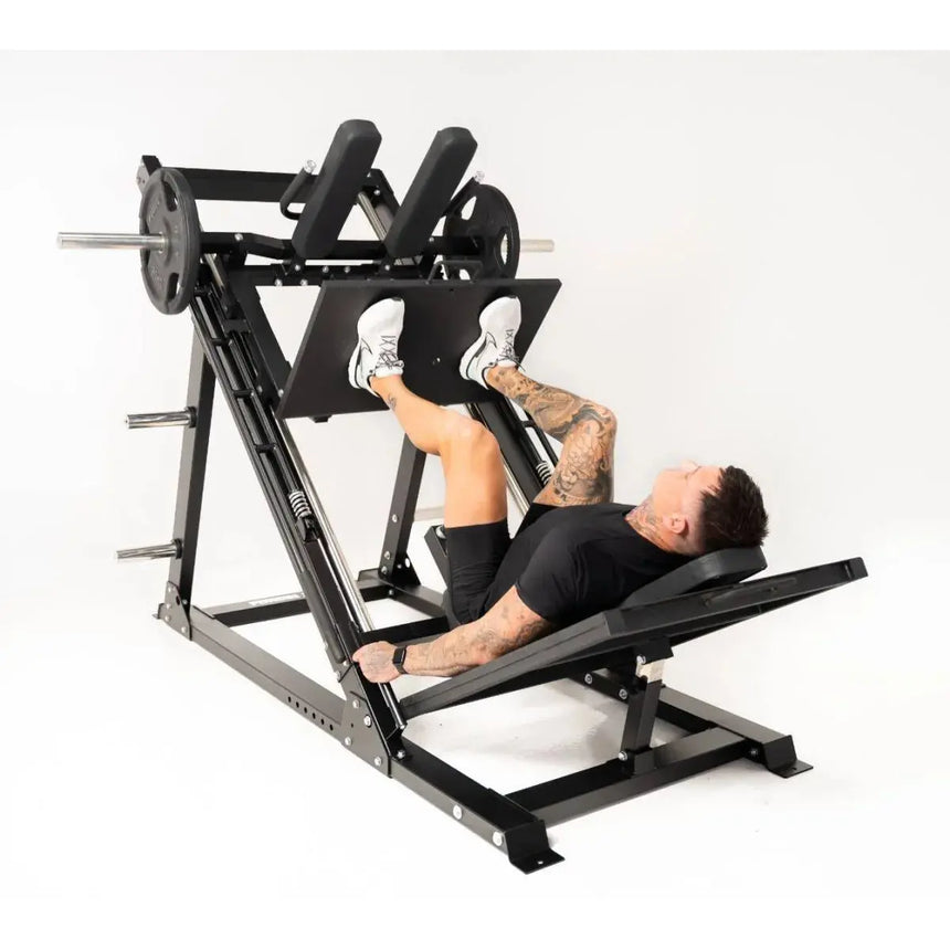 Force USA Ultimate Leg Press Hack Squat Pro showcasing leg press, hack squat, reverse hack squat, and calf raise functionalities.