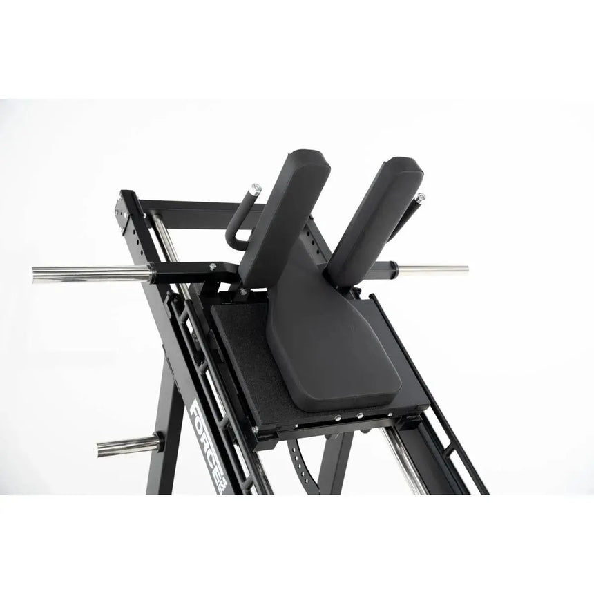 Force USA Ultimate V2 Leg Press Hack Squat Combo showcasing leg press, hack squat, reverse hack squat, and calf raise functionalities.