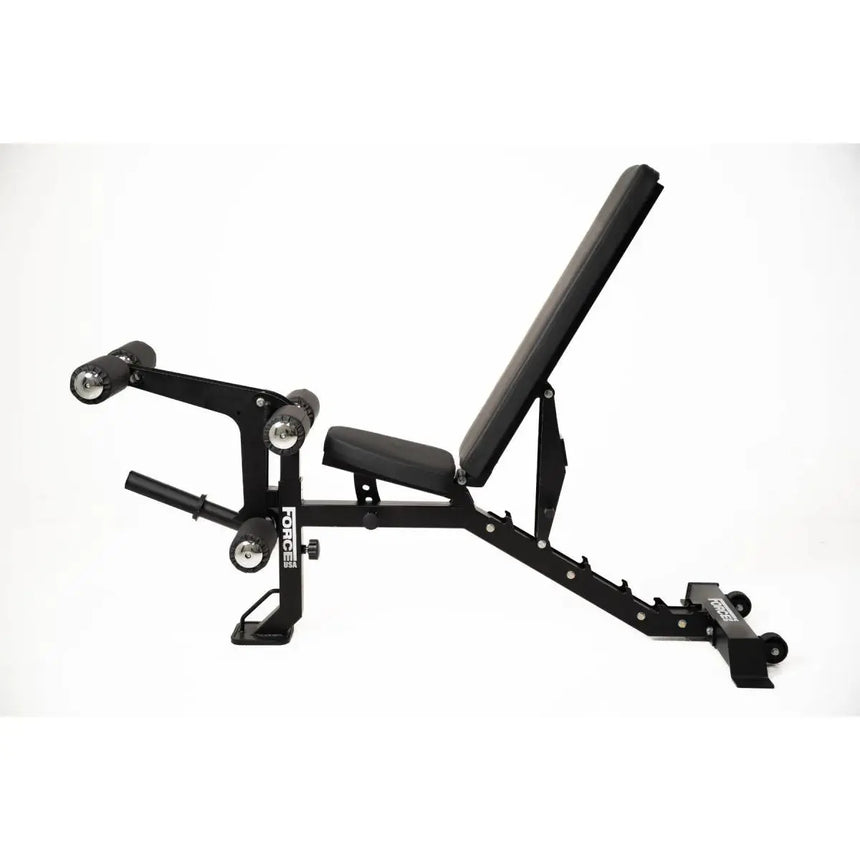 Force USA MyBench V2 – Adjustable training bench with bicep curl and leg development attachments.