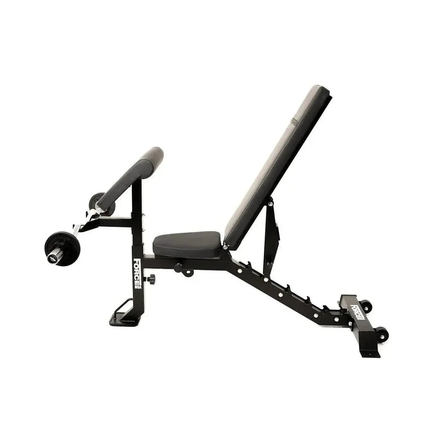 Force USA MyBench V2 – Adjustable training bench with bicep curl and leg development attachments.