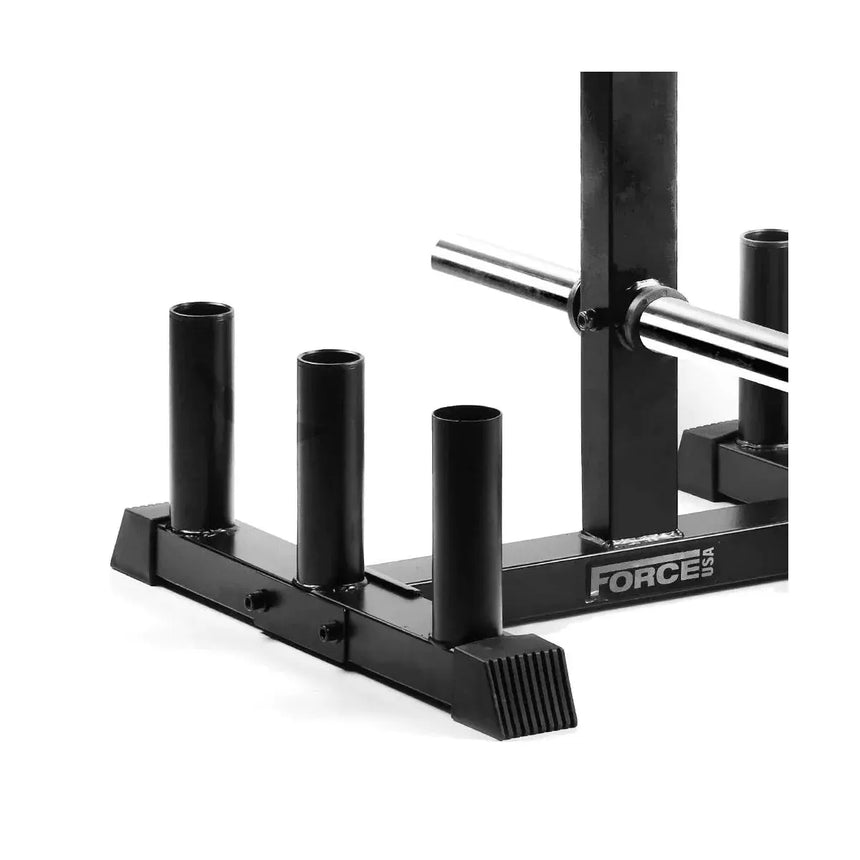 Force USA Olympic and Bumper Weight Plate Tree – sturdy storage stand with six chrome-plated weight holders and six barbell holders.