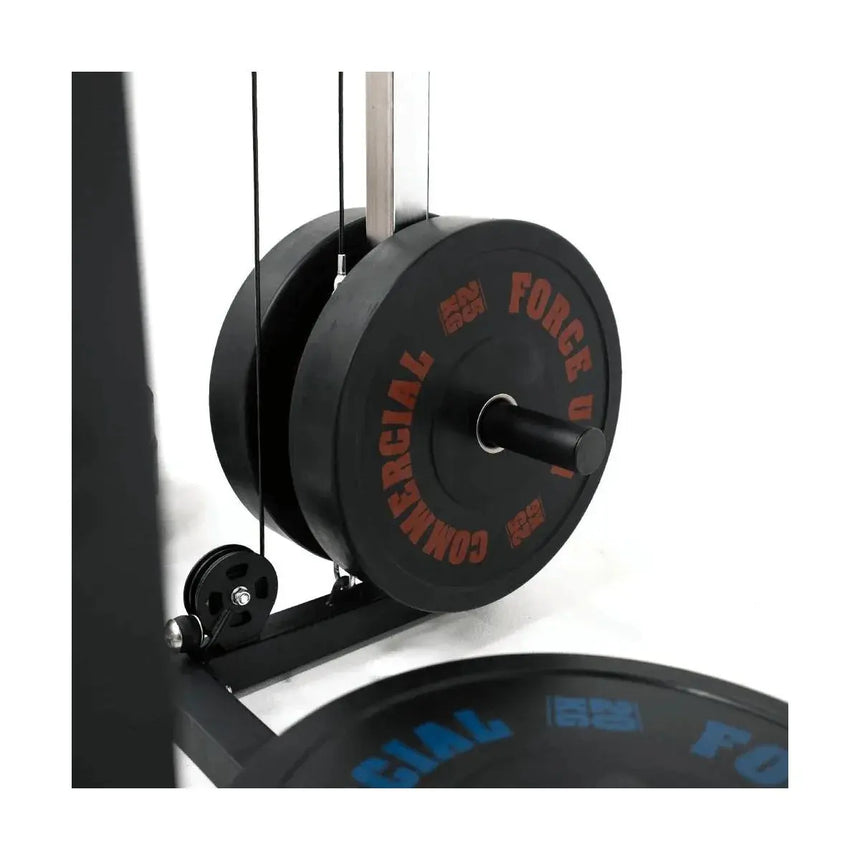 Force USA PT V2 Power Rack with integrated lat pulldown and low row attachment, featuring a sturdy steel frame and adjustable components.
