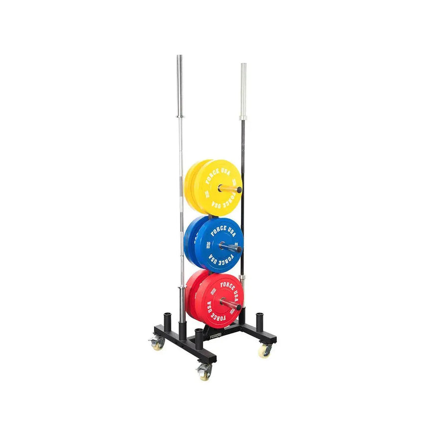 Force USA Bumper and Olympic Plate Rack – sturdy storage rack with transport wheels and chrome-plated brackets.
