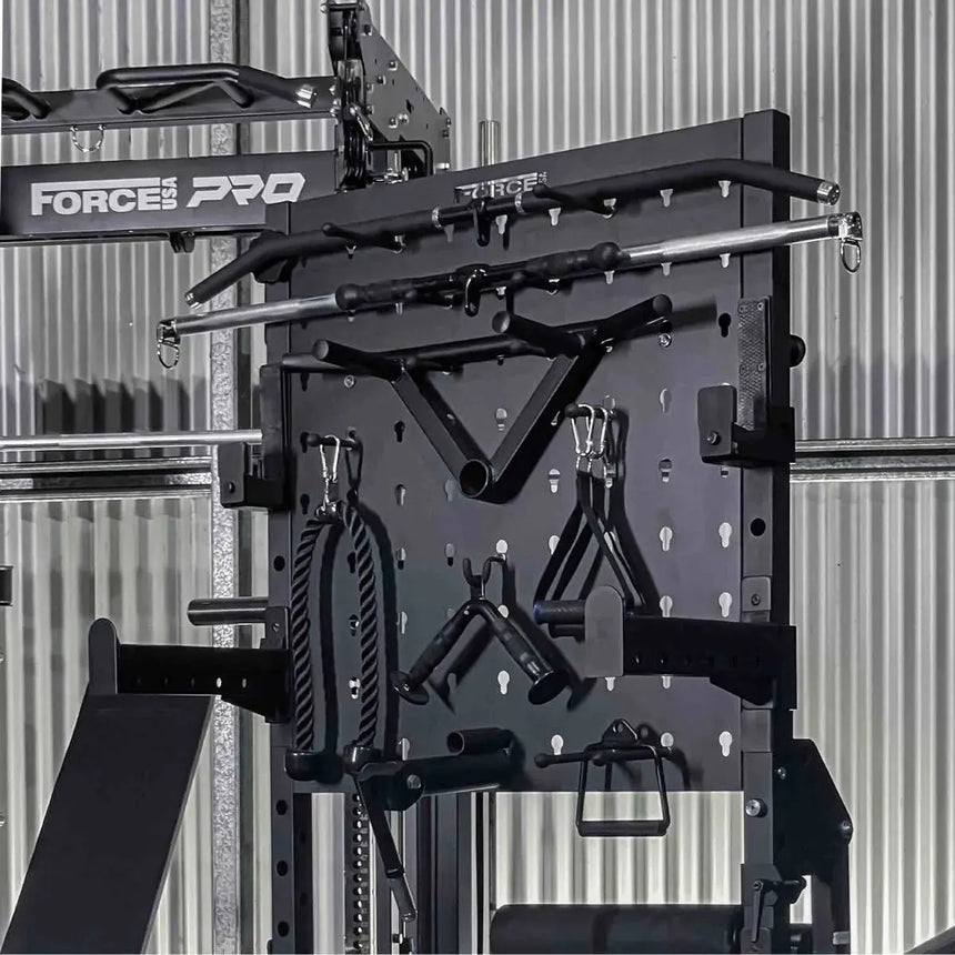 Force USA Storage Rack Pro – versatile storage rack with pegboard design and transport wheels.