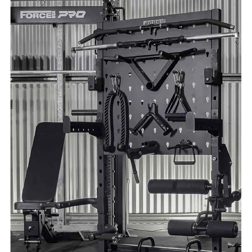 Force USA Storage Rack Pro – versatile storage rack with pegboard design and transport wheels.