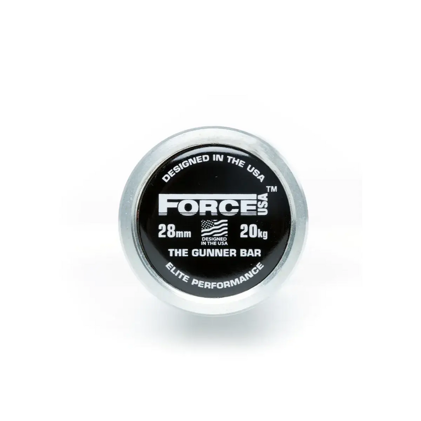 Force USA The Gunner Olympic Bar – 2.20m long, black barbell with silver sleeves and precise knurling.