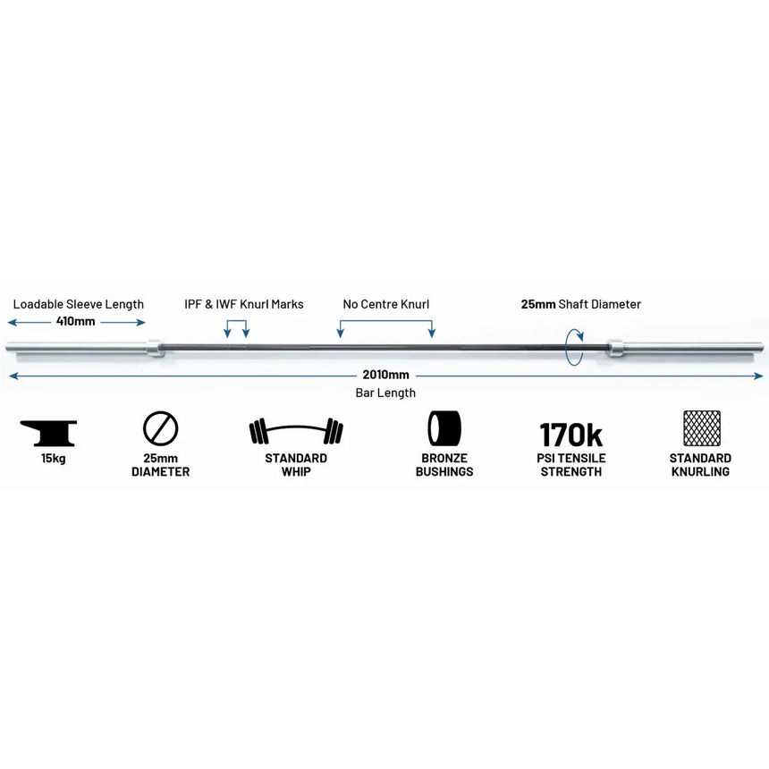 Force USA Freedom Barbell 15 kg – 2.10 m long, chrome-plated Olympic bar with a 25 mm grip diameter and deep knurling.