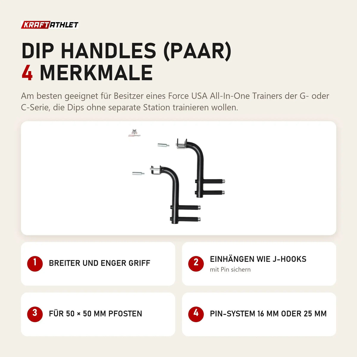 Force USA Dip Handles (Paar) mit 4 Merkmalen: Breiter und enger Griff, Einhängen wie J-Hooks, Für 50 × 50 mm Pfosten, Pin-System 16 mm oder 25 mm