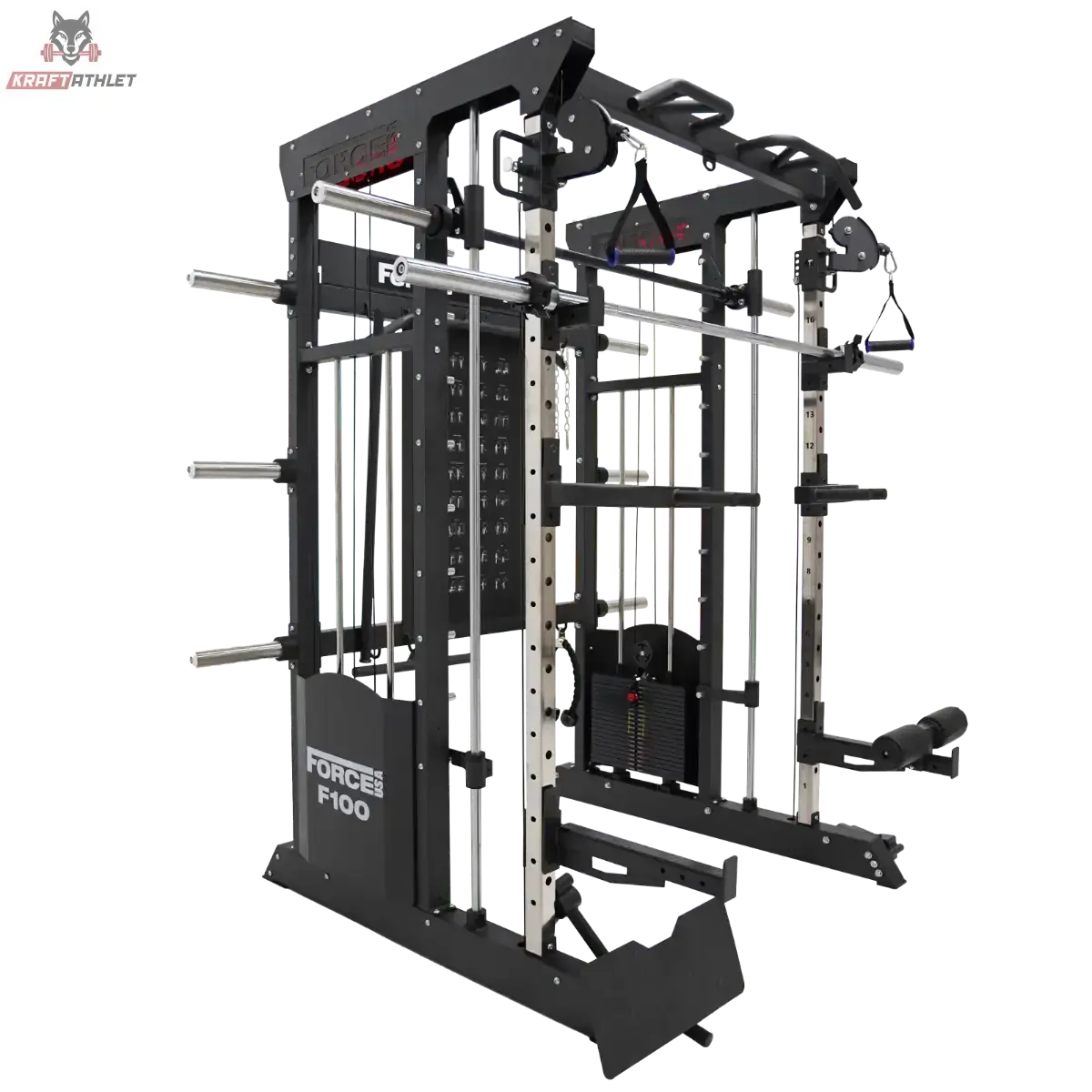 Force USA F100 V2 All-In-One Trainer in Schwarz, Draufsicht von schräg oben auf Rack und Zugstationen