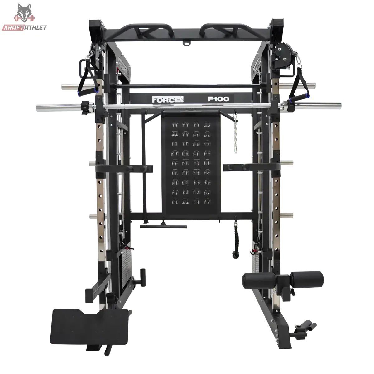 Force USA F100 V2 All-In-One Trainer in Schwarz, Frontansicht mit Langhantel, Seilzügen und Beinablage
