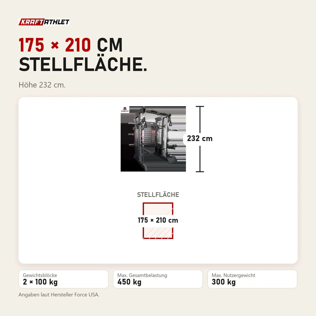Maßbild Force USA F100 V2 All-In-One Trainer: Stellfläche 175 × 210 cm, Höhe 232 cm