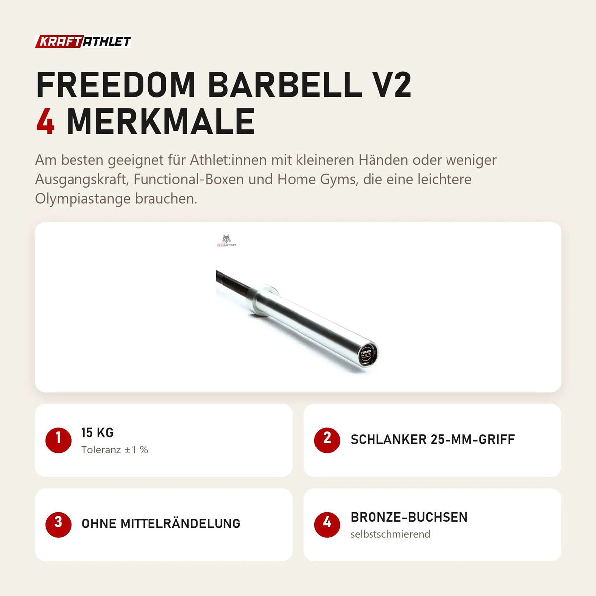 Force USA Freedom Barbell V2 mit 4 Merkmalen: 15 kg, Schlanker 25-mm-Griff, Ohne Mittelrändelung, Bronze-Buchsen
