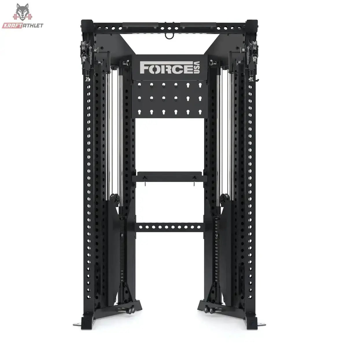 Force USA Functional Trainer Rack mit Half Rack in Schwarz, Frontansicht mit Gewichtsverkleidung