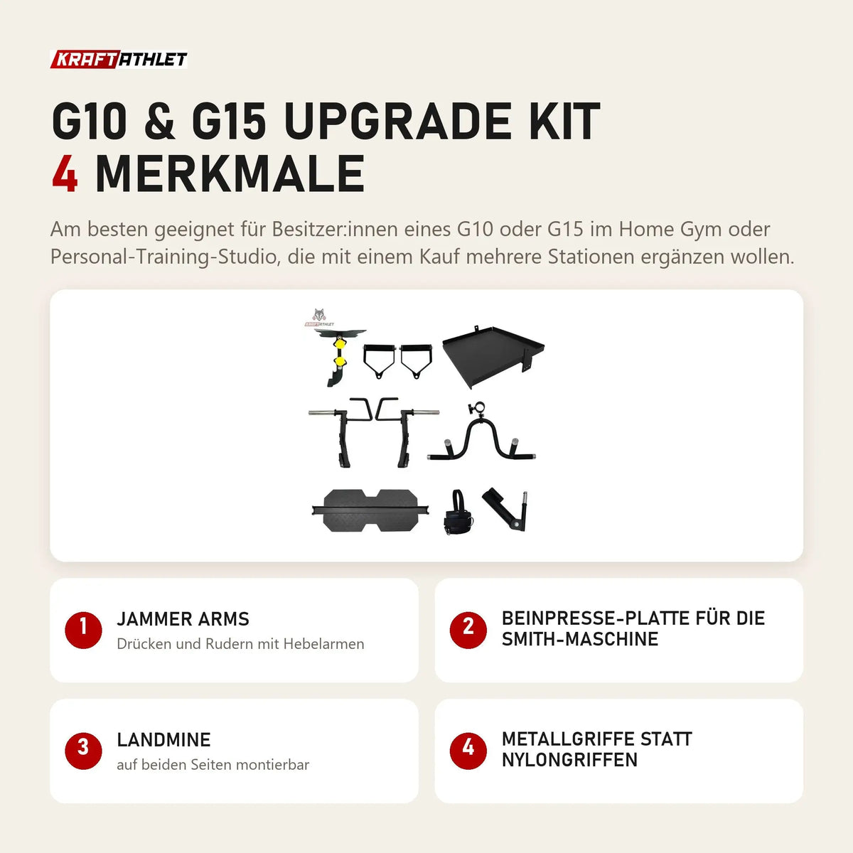 Force USA G10 & G15 Upgrade Kit mit 4 Merkmalen: Jammer Arms, Beinpresse-Platte für die Smith-Maschine, Landmine, Metallgriffe statt Nylongriffen