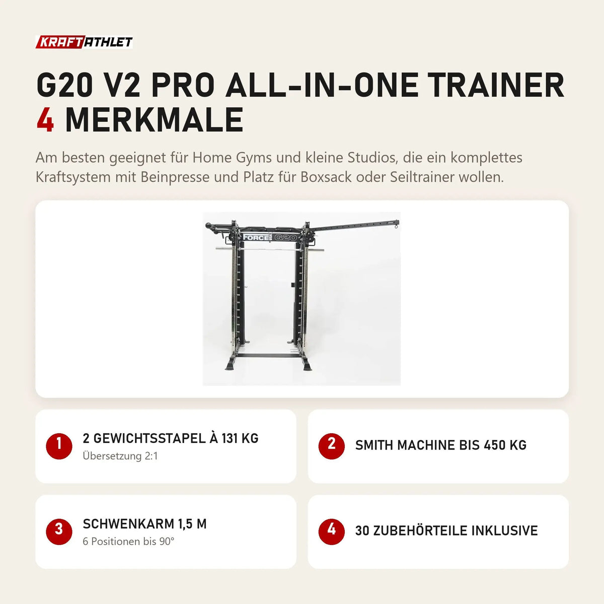Force USA G20 V2 Pro All-In-One Trainer mit 4 Merkmalen: 2 Gewichtsstapel à 131 kg, Smith Machine bis 450 kg, Schwenkarm 1,5 m, 30 Zubehörteile inklusive