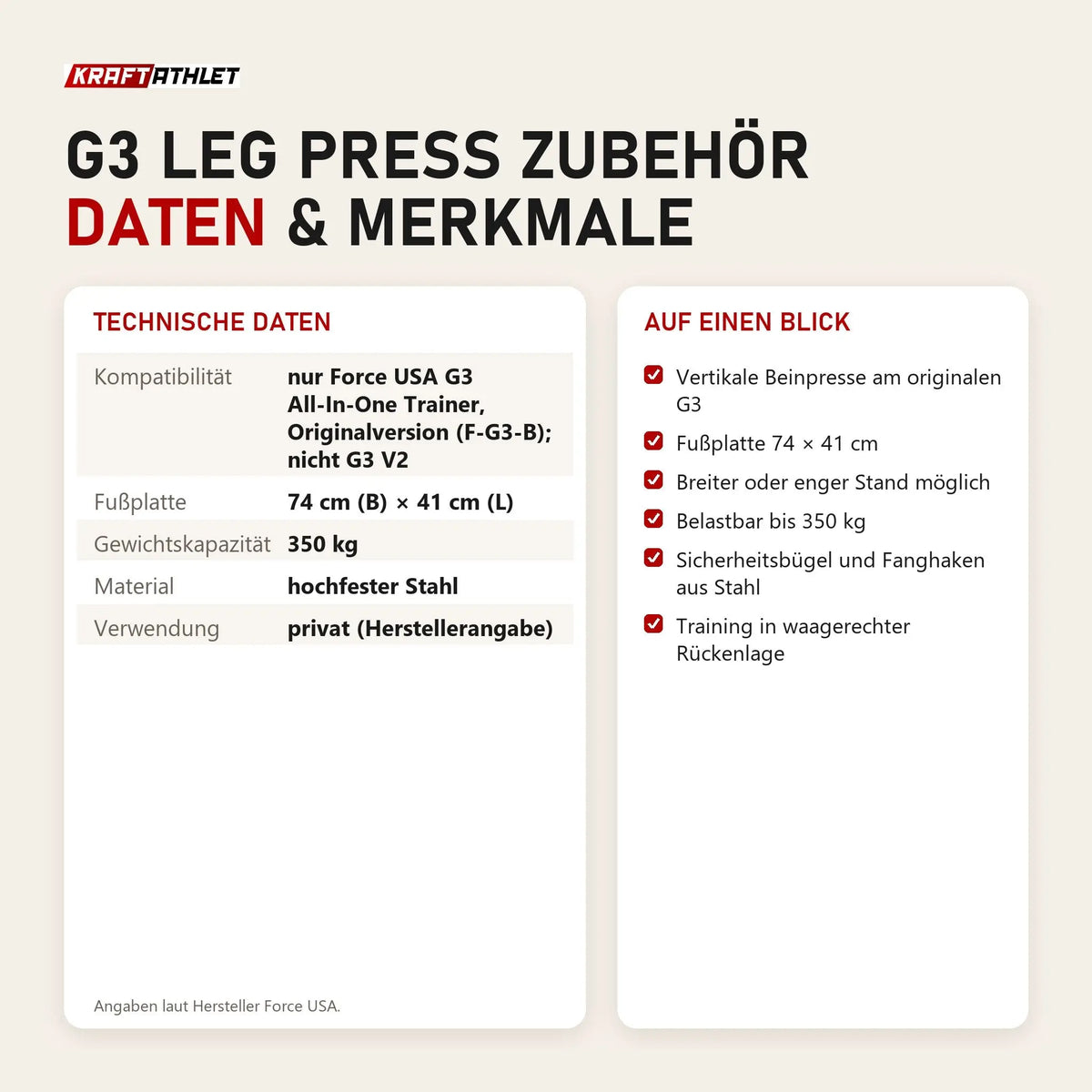Technische Daten und Merkmale von Force USA G3 Leg Press Zubehör als Tabelle