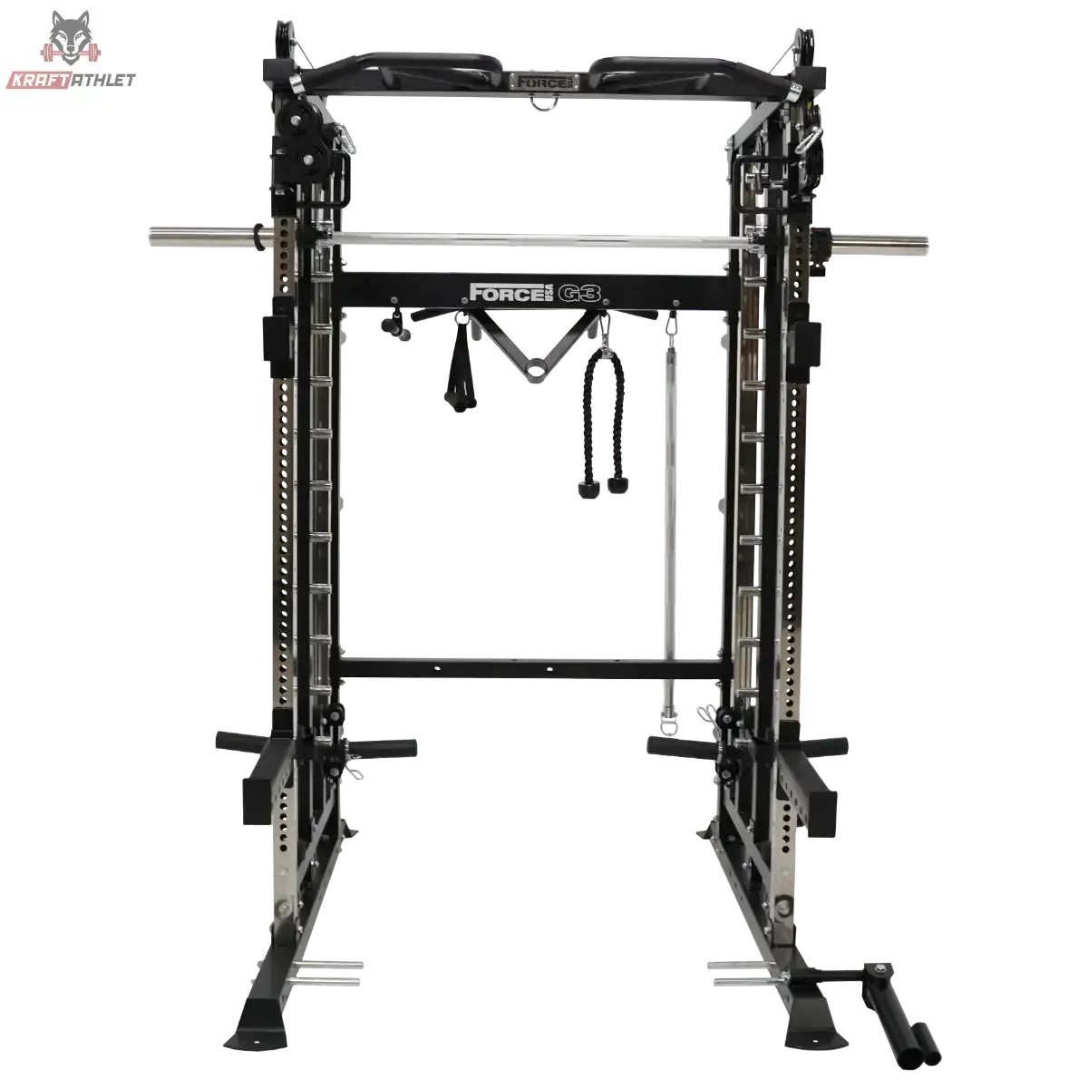 Force USA G3 V2 All-In-One Trainer – Frontansicht mit Langhantelablage und Latzugstange
