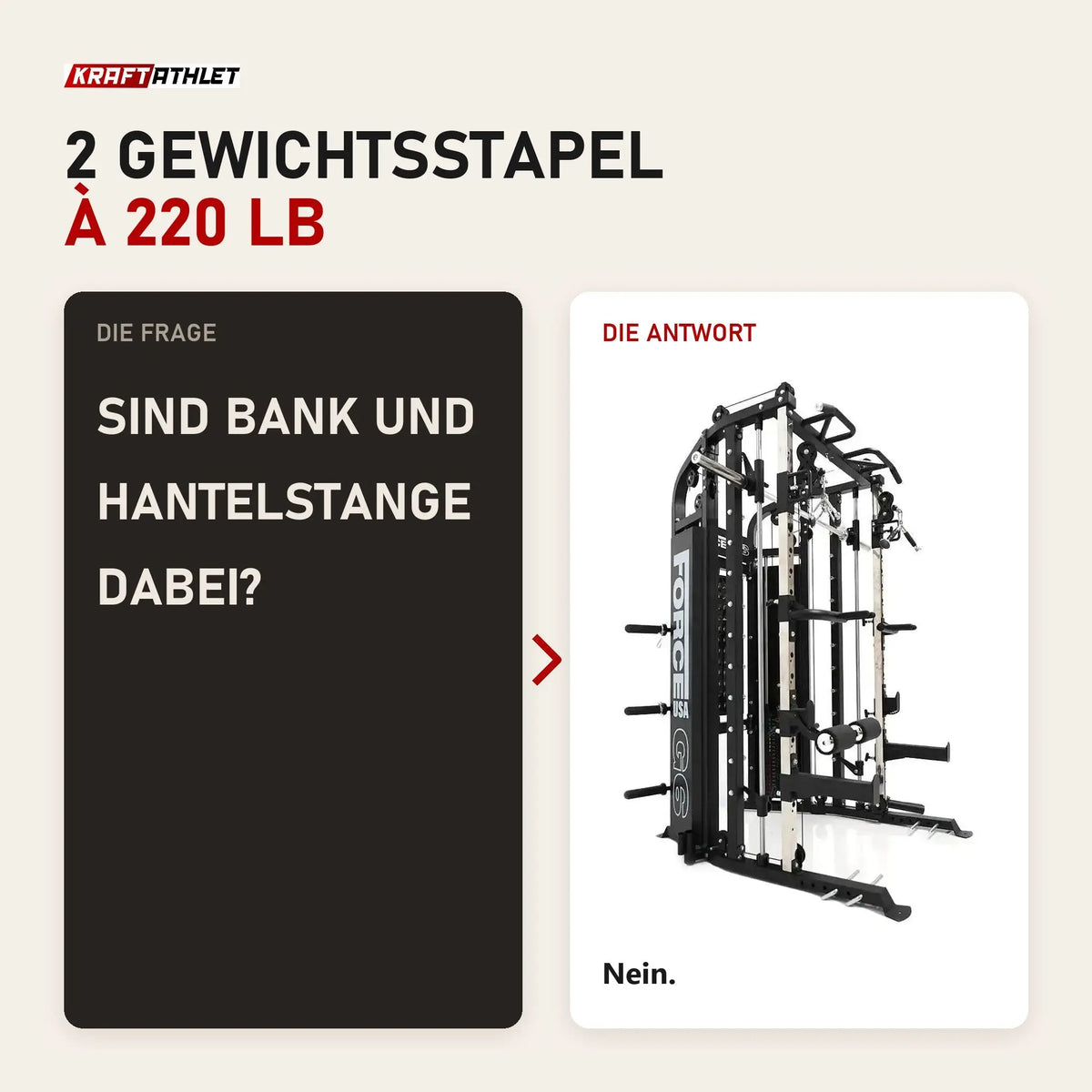 Frage und Antwort zu Force USA G6 All-In-One Trainer: Sind Bank und Hantelstange dabei?