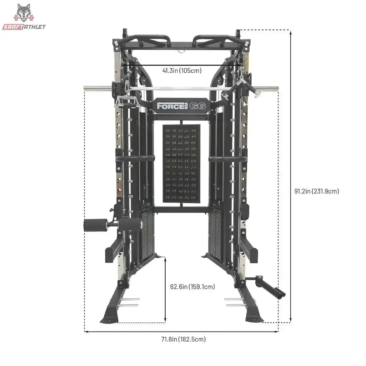 Force USA G6 All-In-One Trainer, Frontansicht mit eingezeichneten Maßangaben
