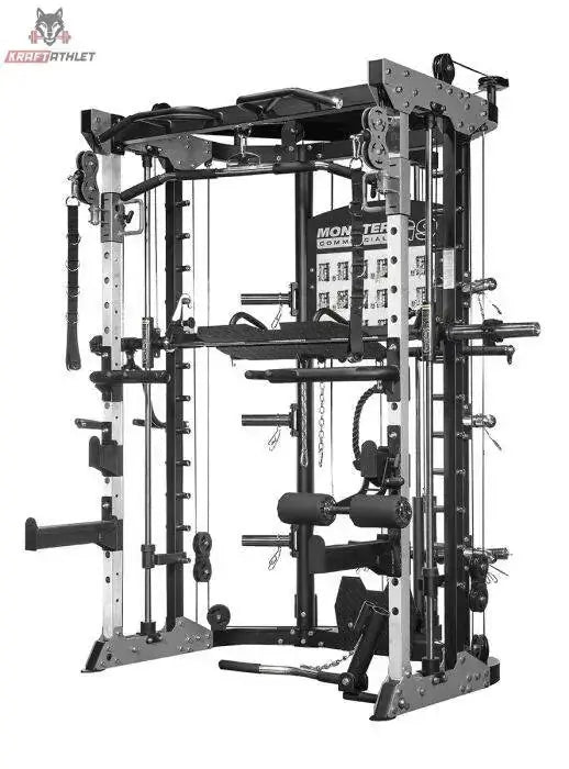 Force USA G9 All-In-One Trainer in Schwarz, Schrägansicht mit Beinpolster und Ablagen