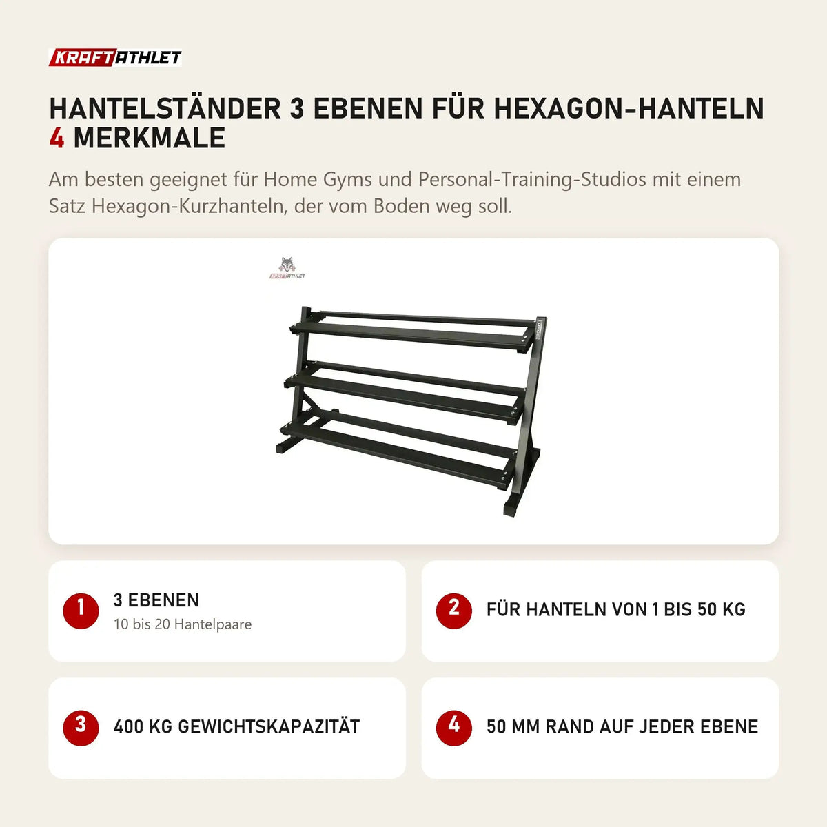 Force USA Hantelständer 3 Ebenen für Hexagon-Hanteln mit 4 Merkmalen: 3 Ebenen, Für Hanteln von 1 bis 50 kg, 400 kg Gewichtskapazität, 50 mm Rand auf jeder Ebene
