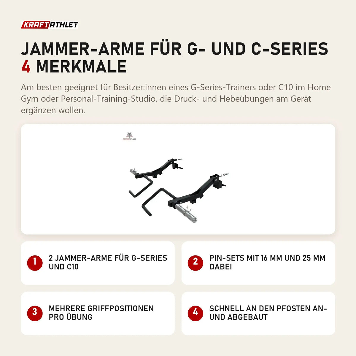 Force USA Jammer-Arme für G- und C-Series mit 4 Merkmalen: 2 Jammer-Arme für G-Series und C10, Pin-Sets mit 16 mm und 25 mm dabei, Mehrere Griffpositionen pro Übung, Schnell an den Pfosten an- und abgebaut
