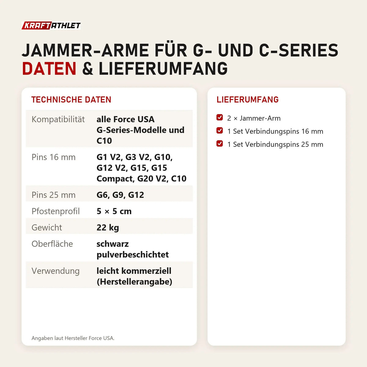 Technische Daten und Lieferumfang von Force USA Jammer-Arme für G- und C-Series als Tabelle