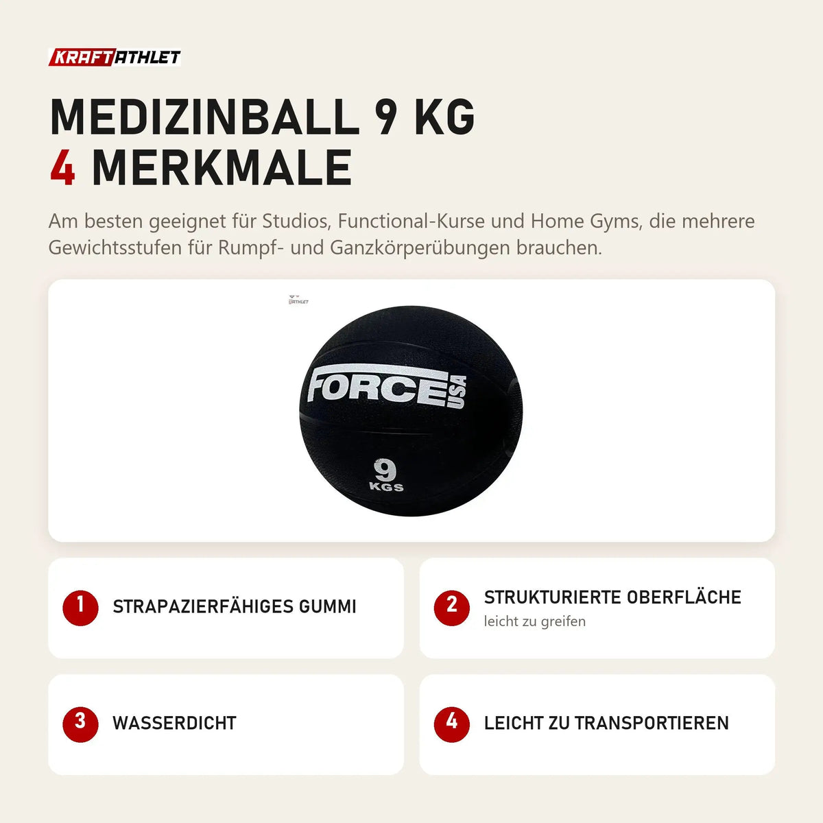 Force USA Medizinball 9 kg mit 4 Merkmalen: Strapazierfähiges Gummi, Strukturierte Oberfläche, Wasserdicht, Leicht zu transportieren