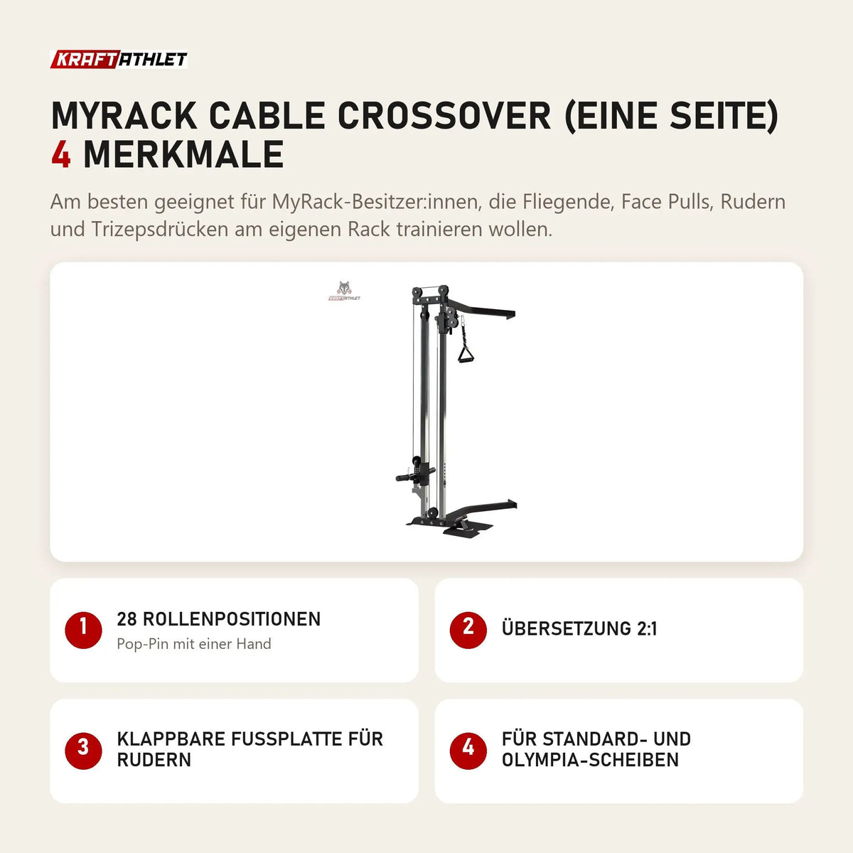 Force USA MyRack Cable Crossover (eine Seite) mit 4 Merkmalen: 28 Rollenpositionen, Übersetzung 2:1, Klappbare Fußplatte für Rudern, Für Standard- und Olympia-Scheiben