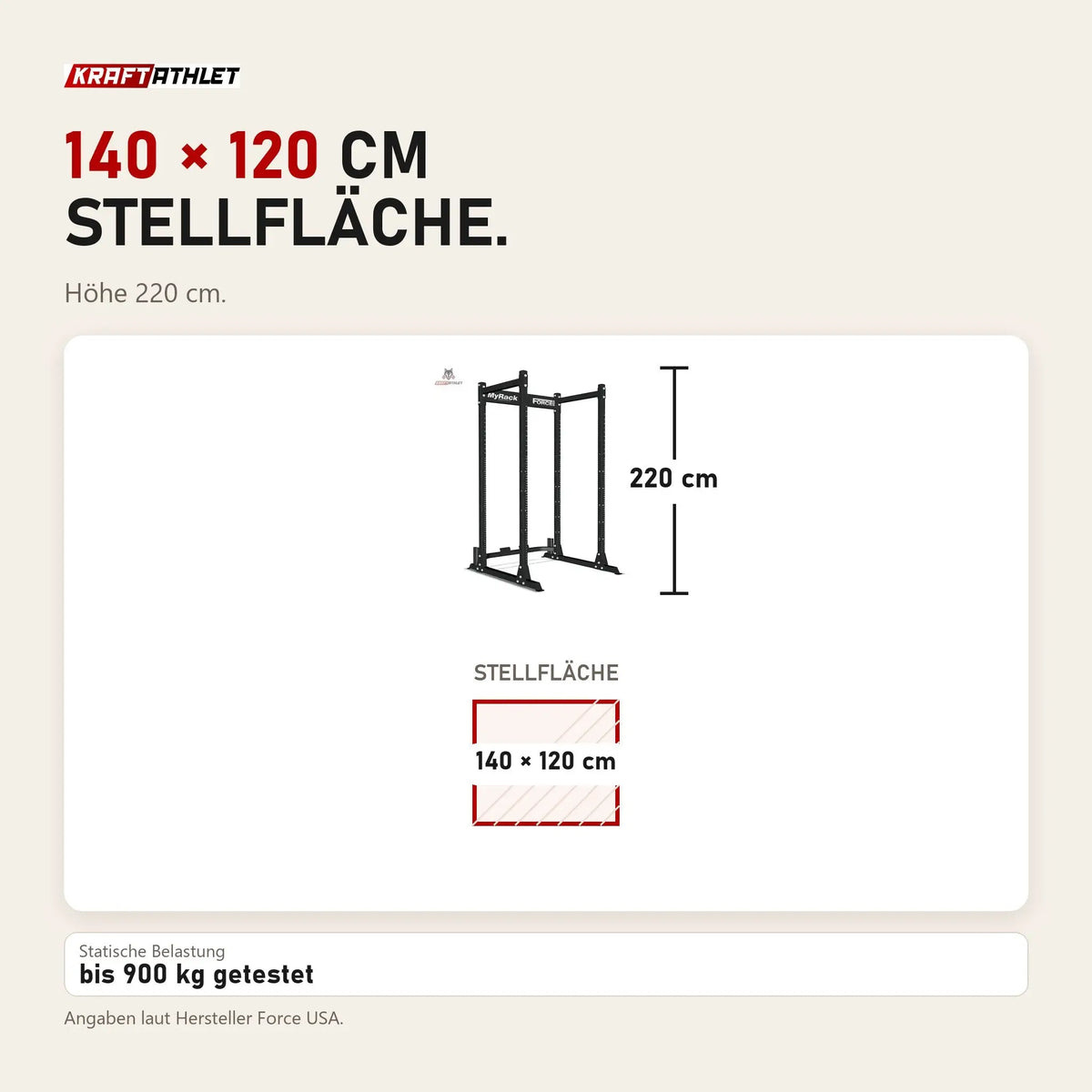 Maßbild Force USA MyRack Power Rack Basis: Stellfläche 140 × 120 cm, Höhe 220 cm