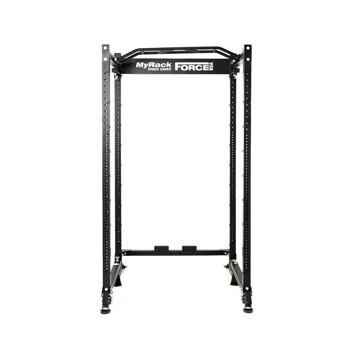 Force USA MyRack SpaceSaver klappbares Power Rack in der Frontansicht mit Logo an der oberen Querstrebe