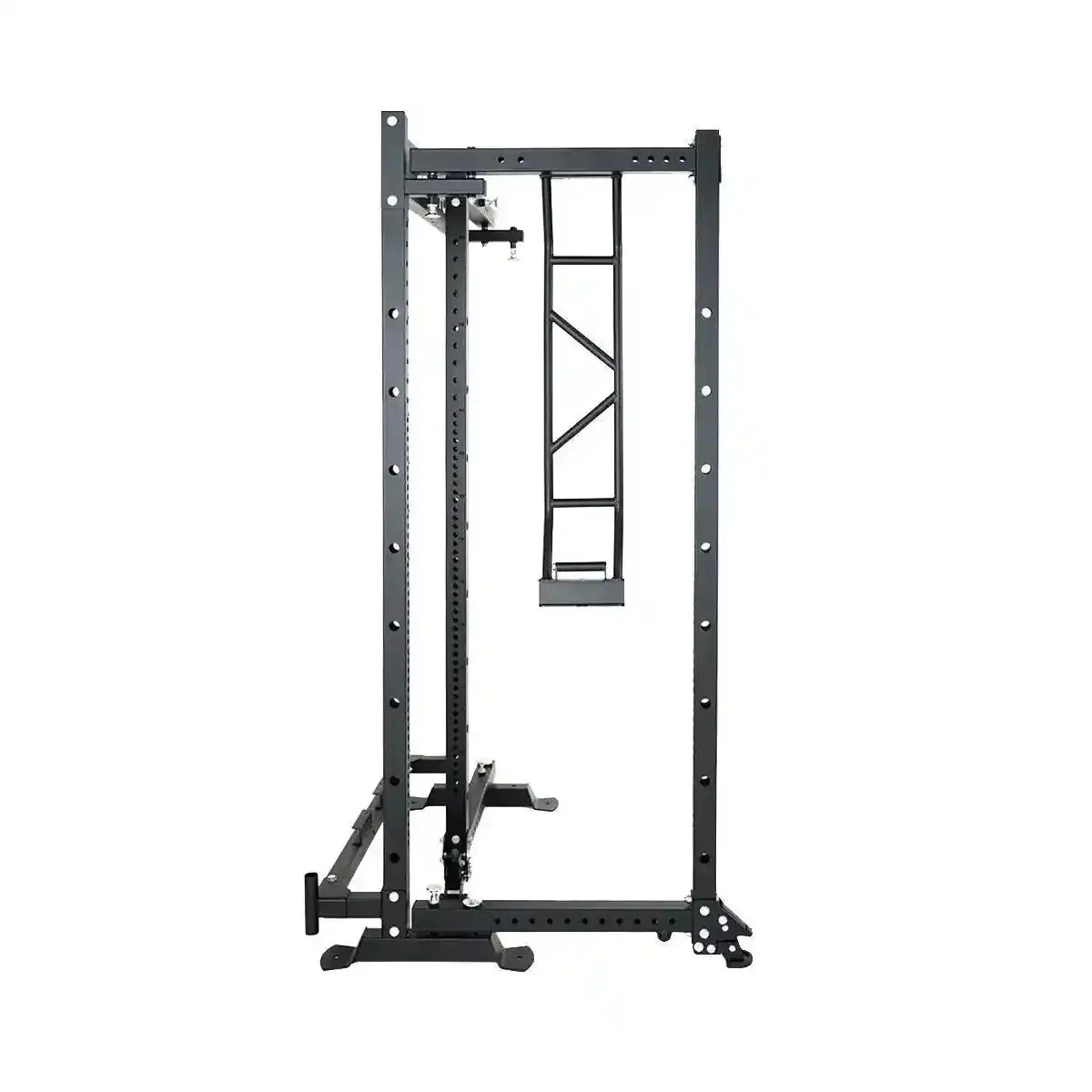 Force USA MyRack SpaceSaver klappbares Power Rack in Schrägansicht mit ausgeklapptem Rahmen und Lochrasterung