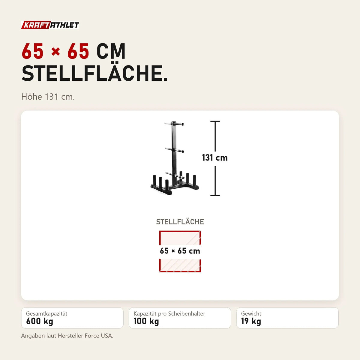 Maßbild Force USA Olympic Hantelscheiben-Baum: Stellfläche 65 × 65 cm, Höhe 131 cm