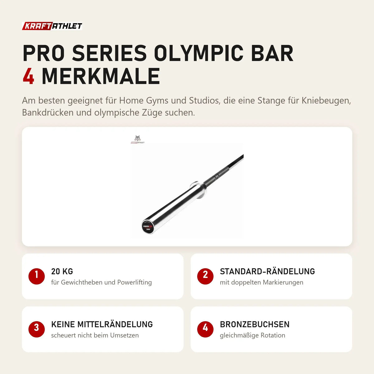 Force USA Pro Series Olympic Bar mit 4 Merkmalen: 20 kg, Standard-Rändelung, Keine Mittelrändelung, Bronzebuchsen