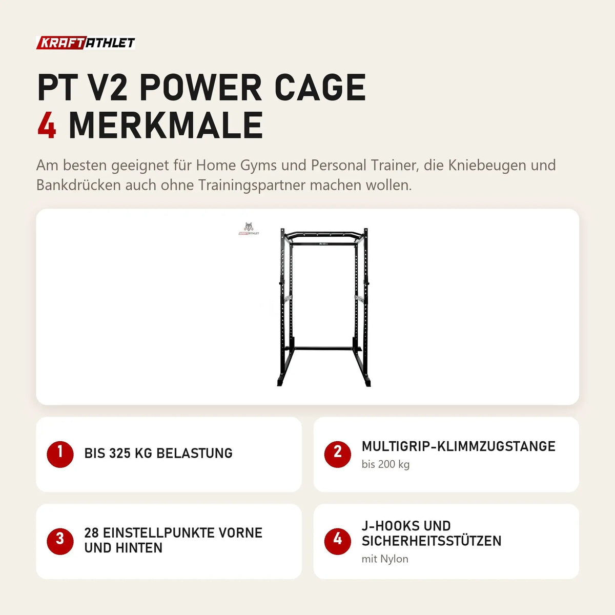 Force USA PT V2 Power Cage mit 4 Merkmalen: Bis 325 kg Belastung, Multigrip-Klimmzugstange, 28 Einstellpunkte vorne und hinten, J-Hooks und Sicherheitsstützen