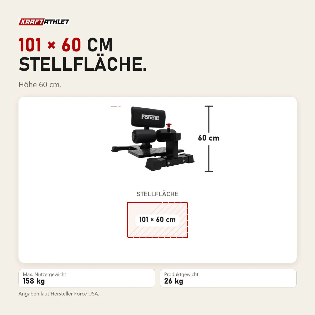 Maßbild Force USA Sissy Squat Gerät: Stellfläche 101 × 60 cm, Höhe 60 cm