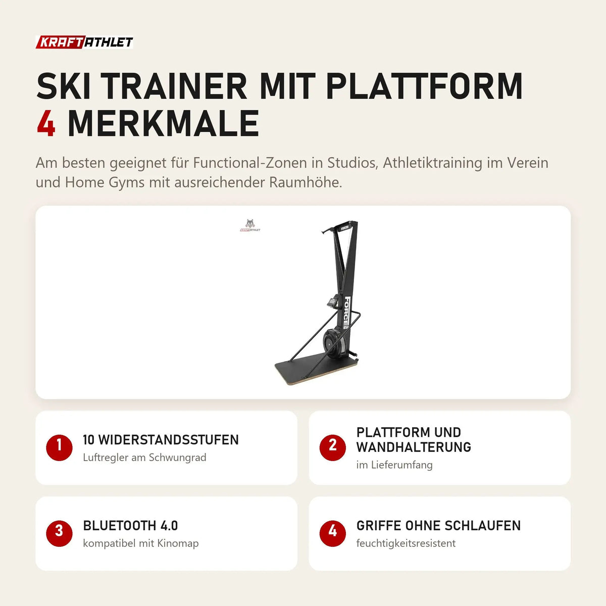 Force USA Ski Trainer mit Plattform mit 4 Merkmalen: 10 Widerstandsstufen, Plattform und Wandhalterung, Bluetooth 4.0, Griffe ohne Schlaufen