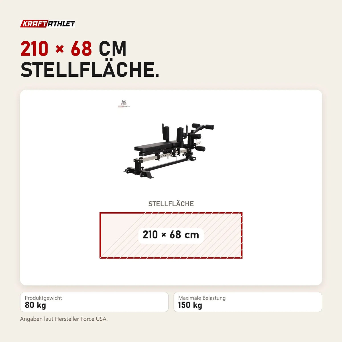 Maßbild Force USA Sliding Bench Trainingsbank: Stellfläche 210 × 68 cm