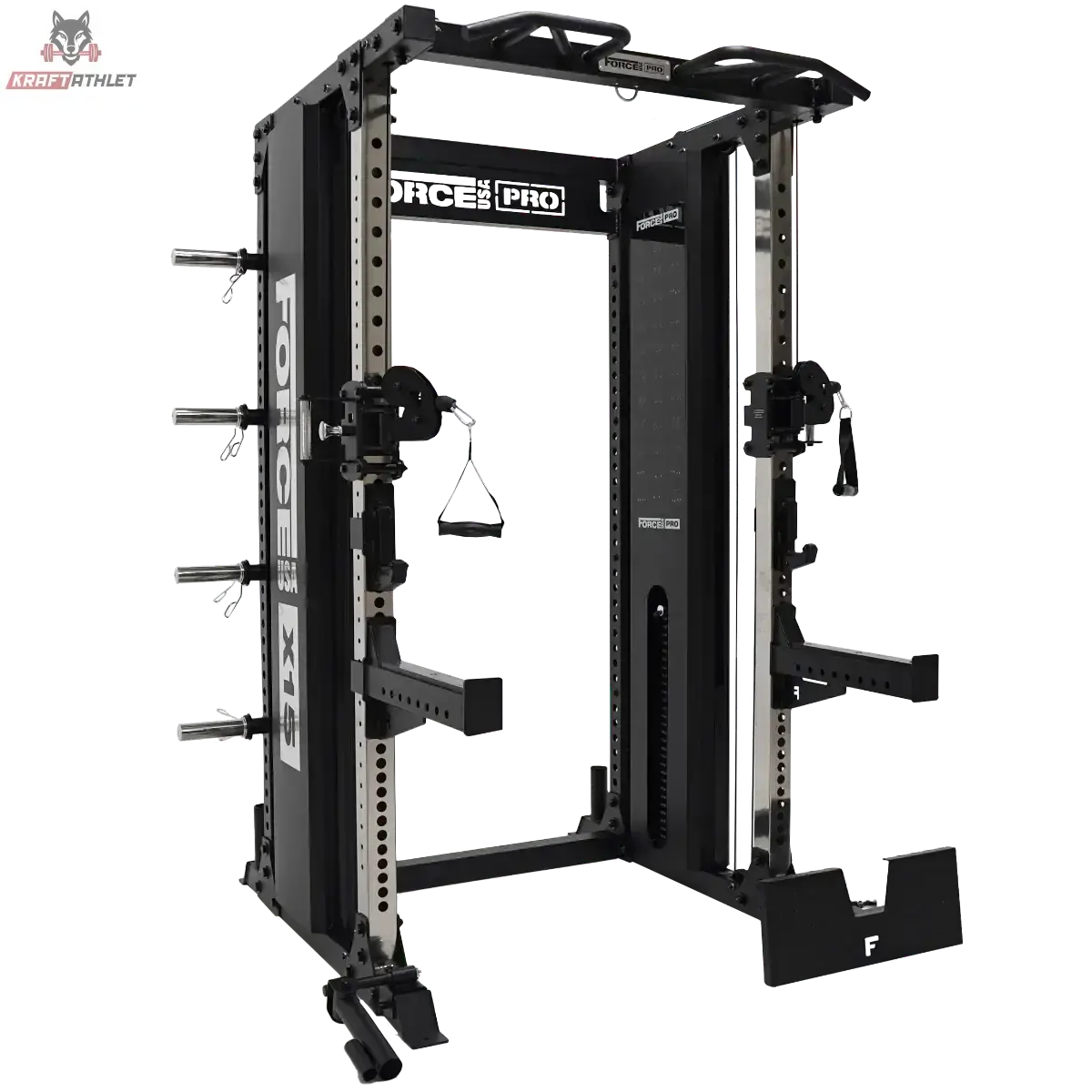 Force USA X15 Pro Multi Trainer in Schwarz, Schrägansicht mit Hantelablagen