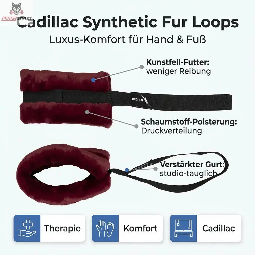 Hegren Cadillac Fur Loops in Bordeaux, Grafik mit Beschriftung von Kunstfell-Futter, Polsterung und Gurt