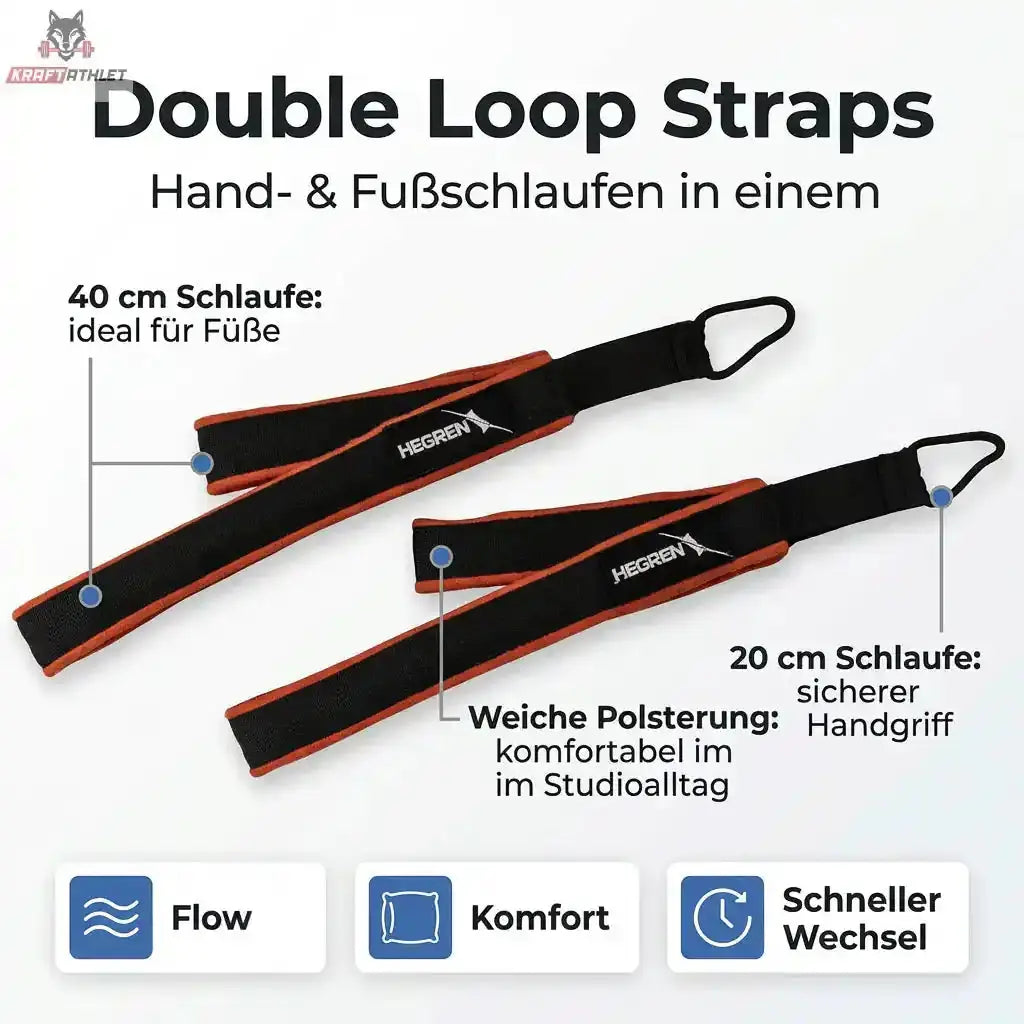 Hegren Double Loop Straps, Infografik mit Schlaufengrößen und Polsterung