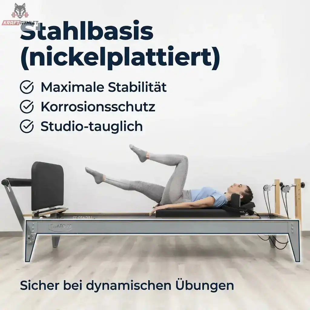 Hegren Jumpboard LEGATO am Reformer mit vernickelter Basis, Frau in Rückenlage