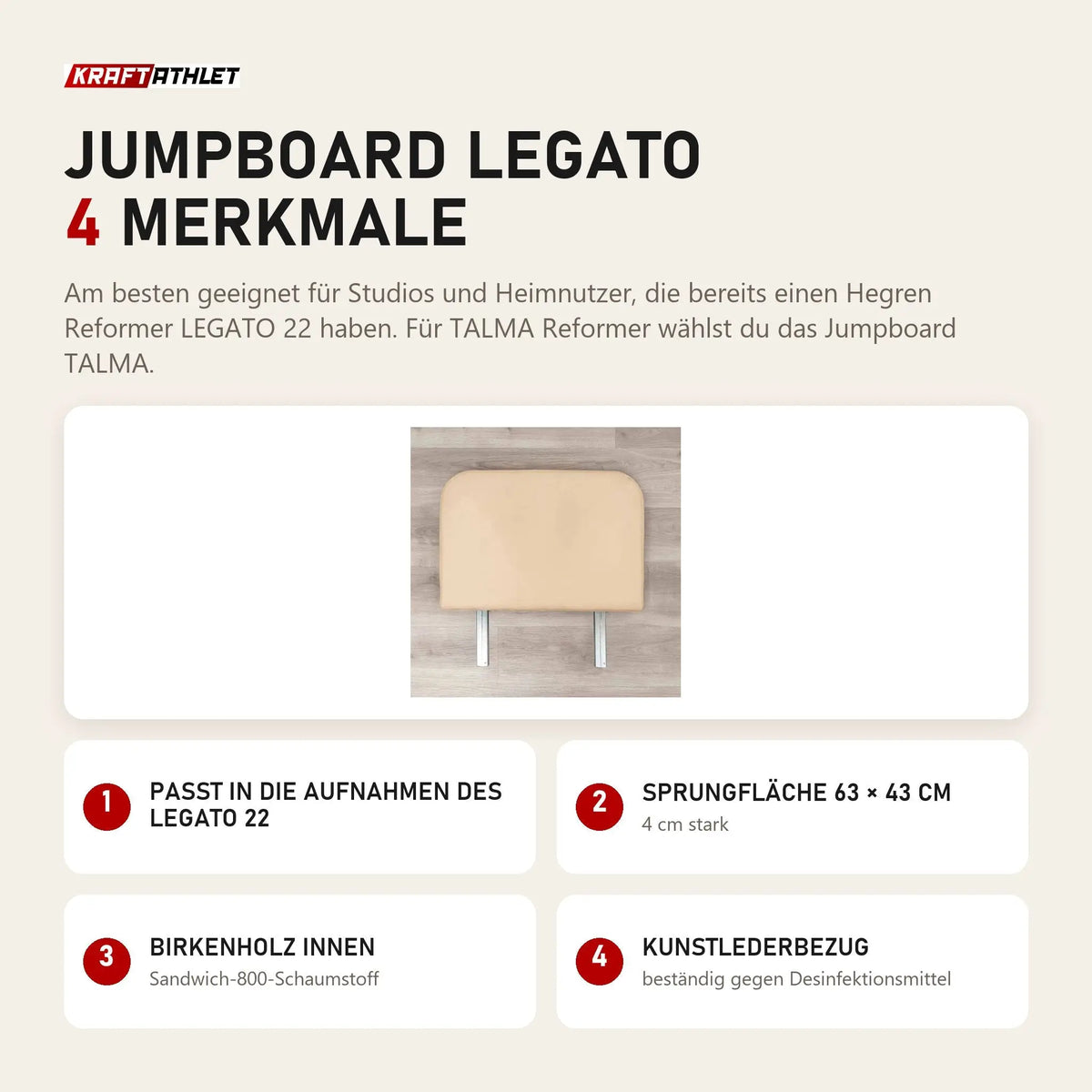 Hegren Jumpboard LEGATO mit 4 Merkmalen: Passt in die Aufnahmen des LEGATO 22, Sprungfläche 63 × 43 cm, Birkenholz innen, Kunstlederbezug