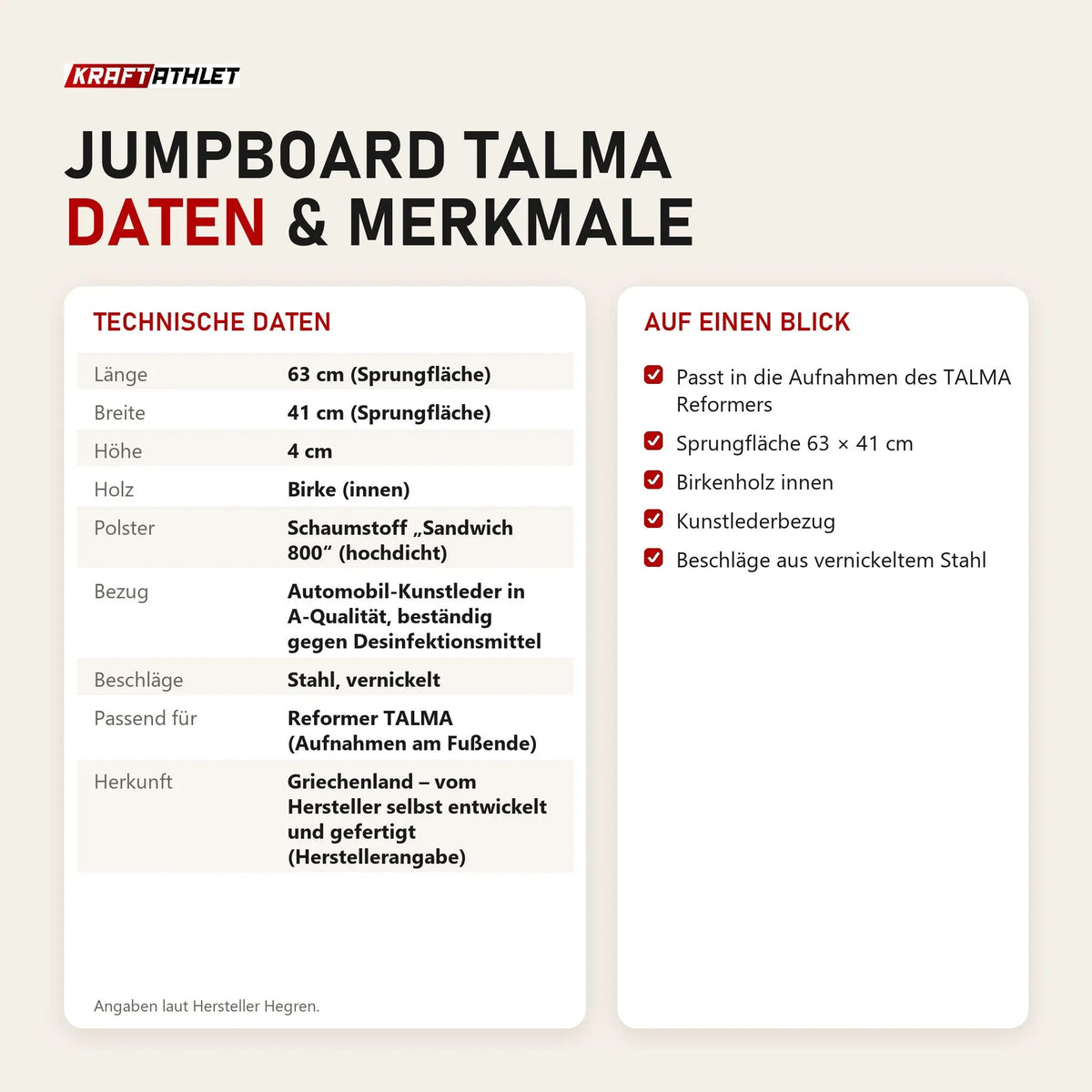 Technische Daten und Merkmale von Hegren Jumpboard TALMA als Tabelle