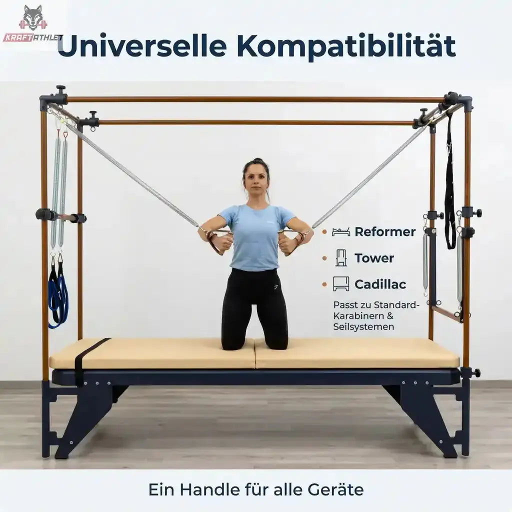 Hegren Leder-Holz-Griffe, Frau kniend im Cadillac mit Grafik zu Reformer, Tower und Cadillac